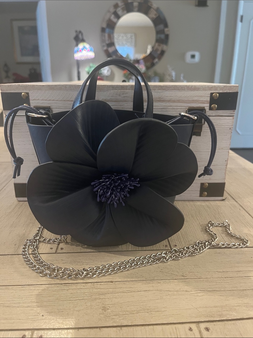 Francesca's Collections Navy Floral Mini Crossbody with Silver Chain